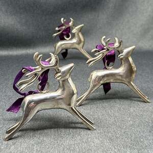 Old Pottery Barn Silver Plated Prancing Reindeer Christmas Ornaments 3pc Set